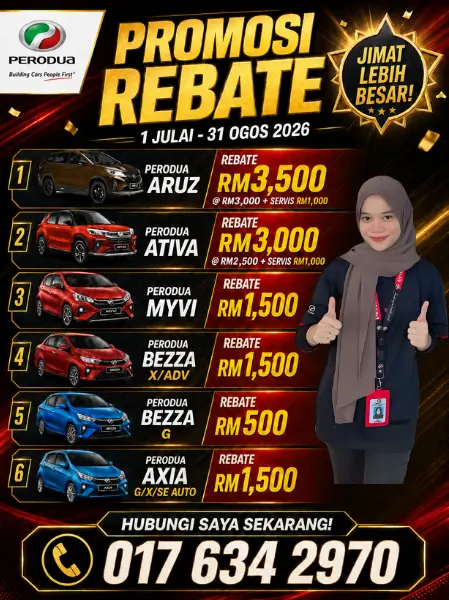 Poster promosi rebat Perodua Julai–Ogos 2026 — rebat Aruz RM3,500, Ativa RM3,000, Myvi, Bezza dan Axia RM1,500
